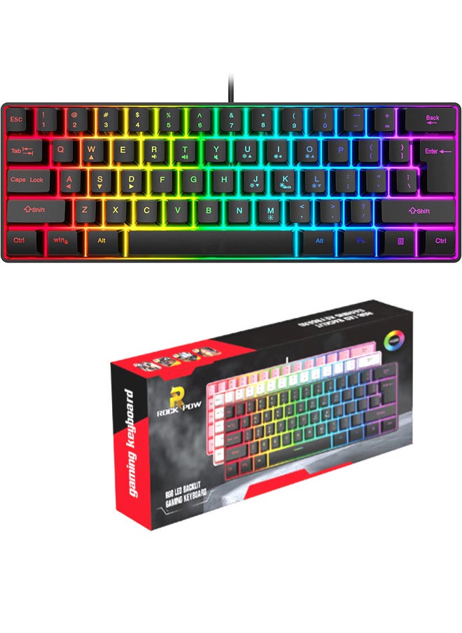 Rock Pow Rock Pow 60% Wired Gaming Keyboard, RGB Backlit Ultra-Compact Mini Keyboard, Waterproof Small Compact 61 Keys Keyboard for PC/Mac Gamer, Typist, Travel, Easy to Carry on Business Trip Black  - Image 1