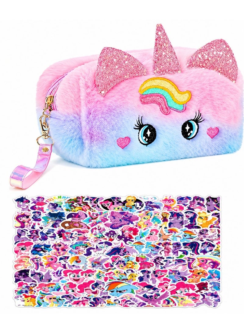 يونيكورن Unicorn Pencil Case Gift Set for Girls – Large Plush Stationery Pouch with Free 50 PCS Cute Waterproof Stickers, Spacious Makeup & School Supply Organizer for Kids, Teens & Unicorn Lovers - Image 1