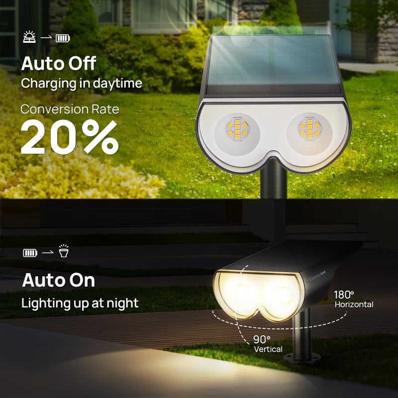 Consciot Solar Spot Lights Outdoor, 16 LEDs IP67 Waterproof, Auto On/Off Solar Landscape Spotlights, 2-in-1 Adjustable Wall Lights for Garden Yard Pathway, 6 Pack (Warm White) - Image 3