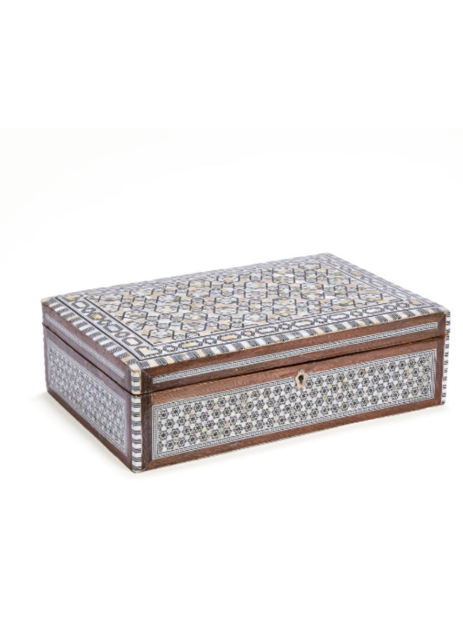 Handmade Jumbo Rectangular Wooden Jewelry Box Inlaid with Natural Shell & Mother of Pearl, Brown & White - Size 37x24x10.5 cm - Image 1