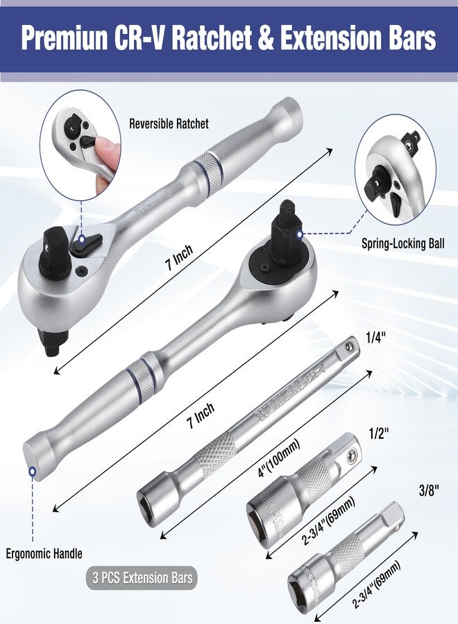 WORKPRO 22-Piece Socket Set with 3-in-1 Ratchet Handle, 1/4, 3/8, 1/2 Inch Drive Socket Wrench, CR-V Metric Socket Set, Extension Bars, Storage Box Included, Mechanics Tool Sets for Auto Repairing - Image 4