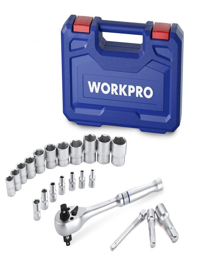 WORKPRO 22-Piece Socket Set with 3-in-1 Ratchet Handle, 1/4, 3/8, 1/2 Inch Drive Socket Wrench, CR-V Metric Socket Set, Extension Bars, Storage Box Included, Mechanics Tool Sets for Auto Repairing - Image 1