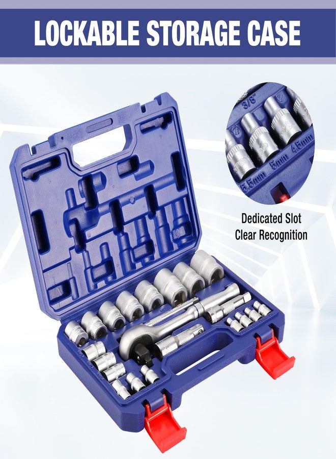 WORKPRO 22-Piece Socket Set with 3-in-1 Ratchet Handle, 1/4, 3/8, 1/2 Inch Drive Socket Wrench, CR-V Metric Socket Set, Extension Bars, Storage Box Included, Mechanics Tool Sets for Auto Repairing - Image 5