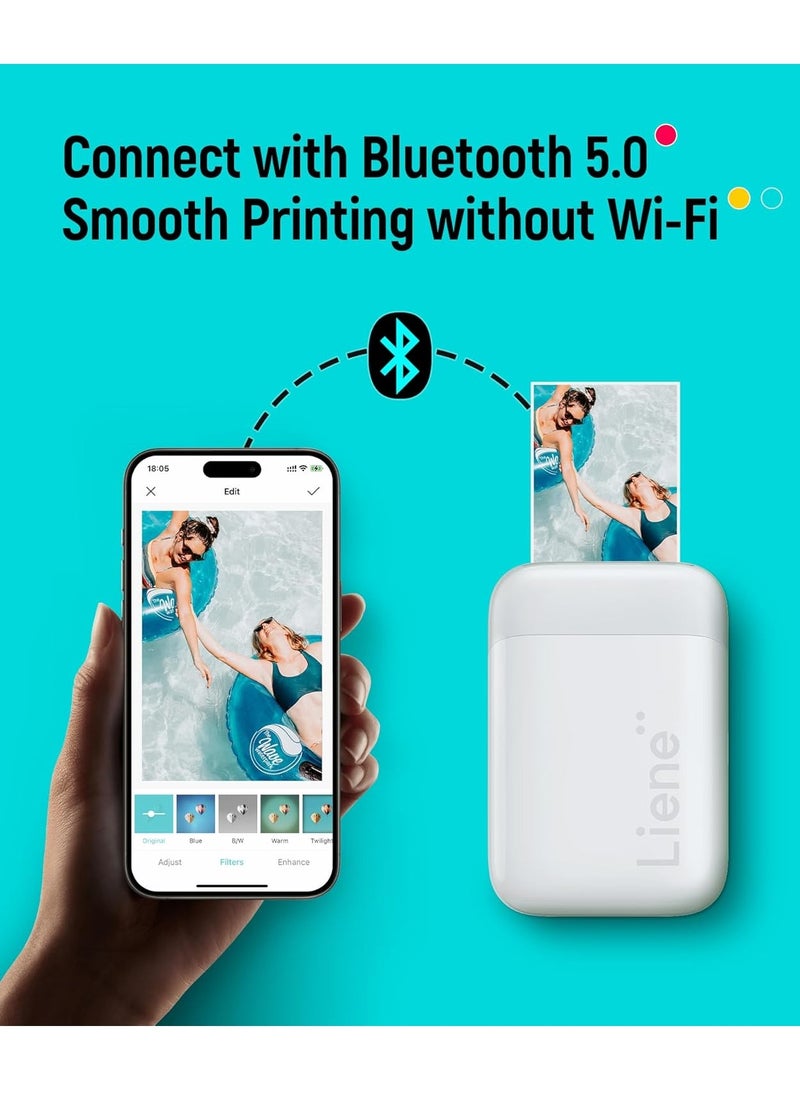 Liene - Liene 2x3” Photo Printer, Mini Photo Printer with 55 Zink Adhesive Photo Paper, Bluetooth 5.0, Compatible with iOS & Android, Portable Color Mono Instant Photo Printer for iPhone, Smartphone, Pearl White - Image 1