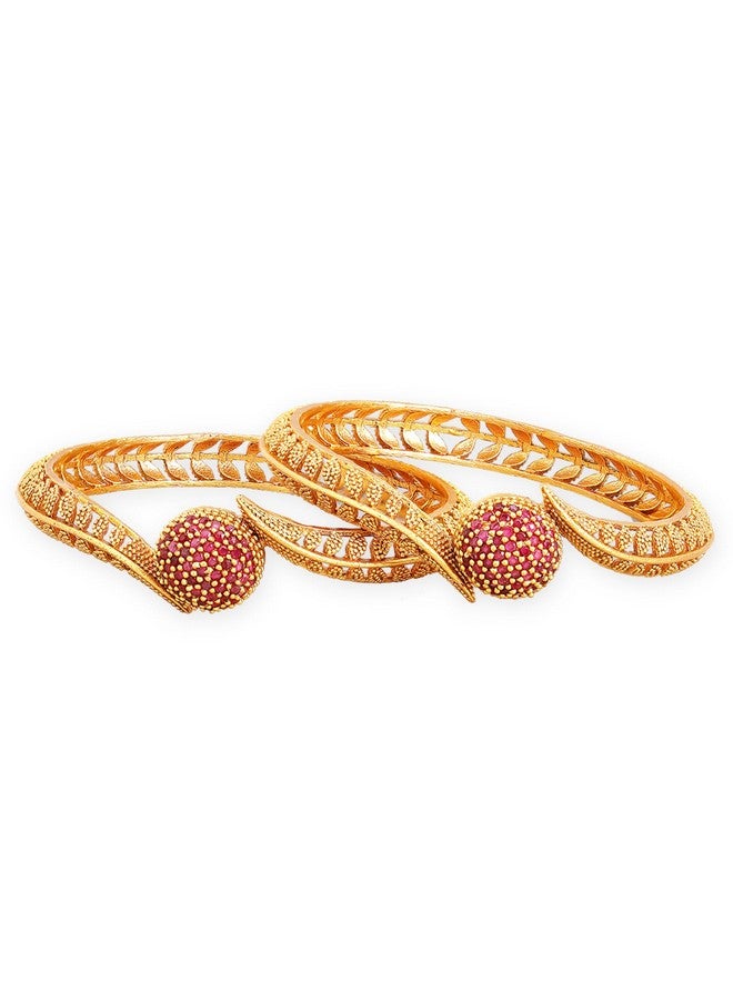 Rubans Set Of 2 Gold-Plated Red Emrald Studded Bangles For Women - Image 1