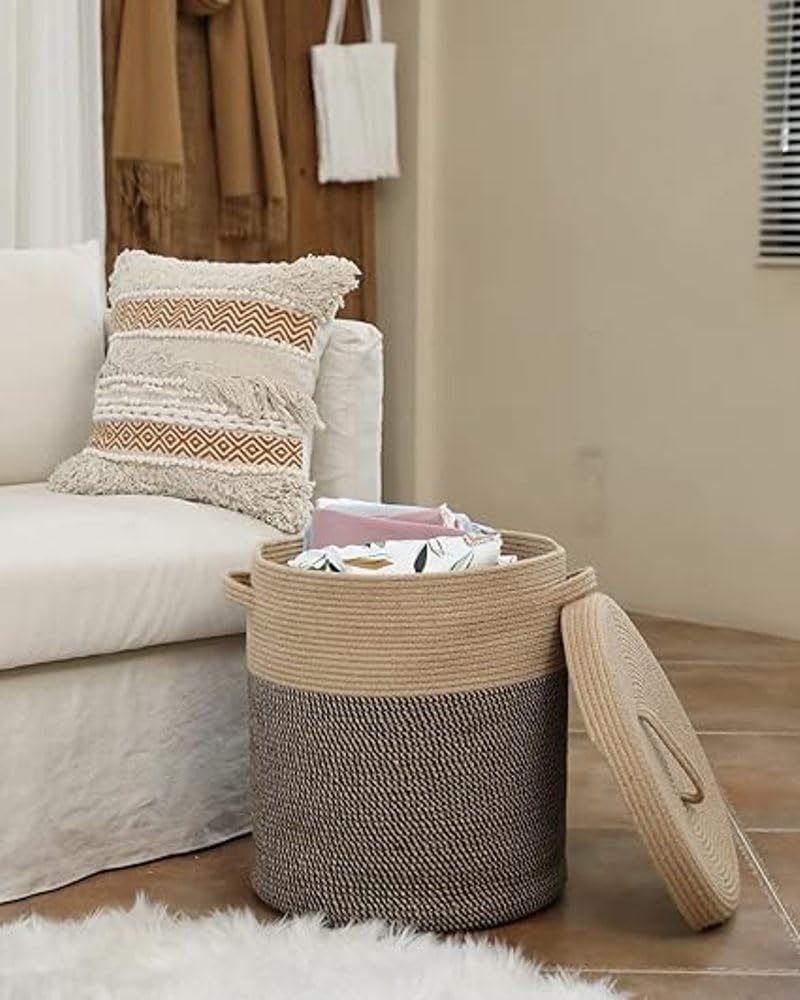 GRATIFY GRATIFY 12 x 12 x 14 Large Storage Basket with Lid Cotton Rope Storage Baskets Laundry Hamper Blankets Pillows Storage in Living Room Baby Nursery Basket With top Cover Mix Dark Brown  - Image 3