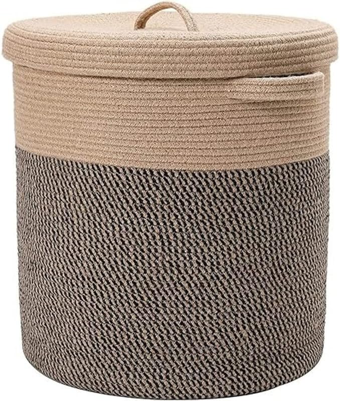 GRATIFY GRATIFY 12 x 12 x 14 Large Storage Basket with Lid Cotton Rope Storage Baskets Laundry Hamper Blankets Pillows Storage in Living Room Baby Nursery Basket With top Cover Mix Dark Brown  - Image 1