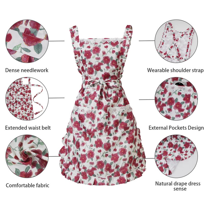 Aoomzoon Funny Aprons for Women with Pockets, Kitchen Cooking Grilling Bbq Cute Chef Apron, Mothers Day Birthday Gifts for Women (Red Floral) - Image 4