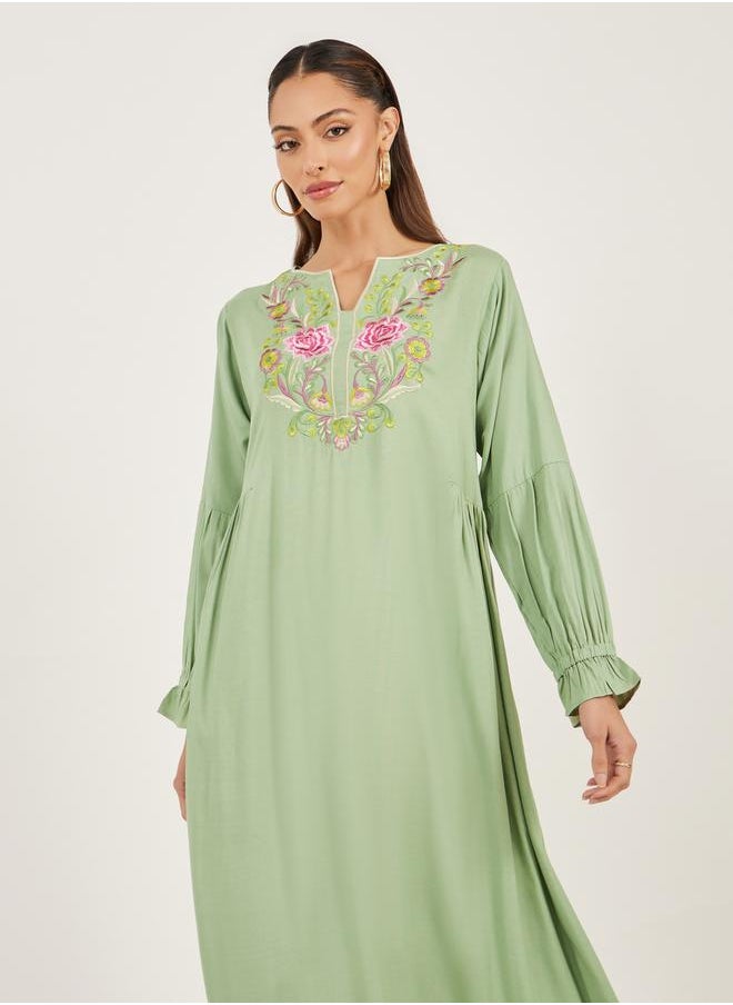 Maxim Creation - Floral Embroidered Cuffed Sleeves Jalabiya by Styli - Image 1