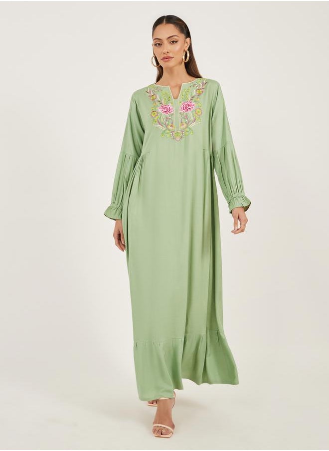 Maxim Creation - Floral Embroidered Cuffed Sleeves Jalabiya by Styli - Image 1