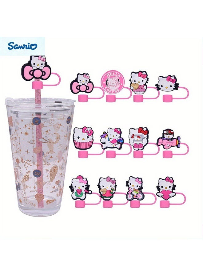 سانريو عبوة من 12 غطاءً من القش بتصميم قطة - أغطية قش كرتونية مقاس 10 مم (معلبة) أغطية قش من السيليكون، مناسبة لقش الشرب (وردي) - Image 5