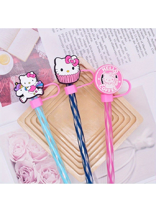 سانريو عبوة من 12 غطاءً من القش بتصميم قطة - أغطية قش كرتونية مقاس 10 مم (معلبة) أغطية قش من السيليكون، مناسبة لقش الشرب (وردي) - Image 4