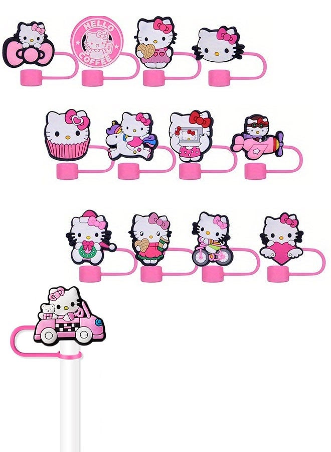 سانريو عبوة من 12 غطاءً من القش بتصميم قطة - أغطية قش كرتونية مقاس 10 مم (معلبة) أغطية قش من السيليكون، مناسبة لقش الشرب (وردي) - Image 1