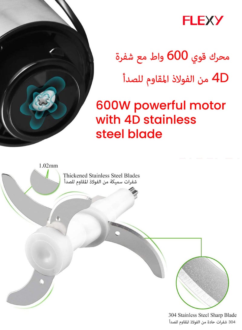 FLEXY® 3-in-1 Food Processor, 500W Max DC Motor with Garlic Peeler, 1.2L Glass Chopper Bowl, 400ml Blender, 30g Grinder, 2 Stainless Steel Blades, Safety Lock, Anti-Skid Design, 2 Years Warranty - Image 2