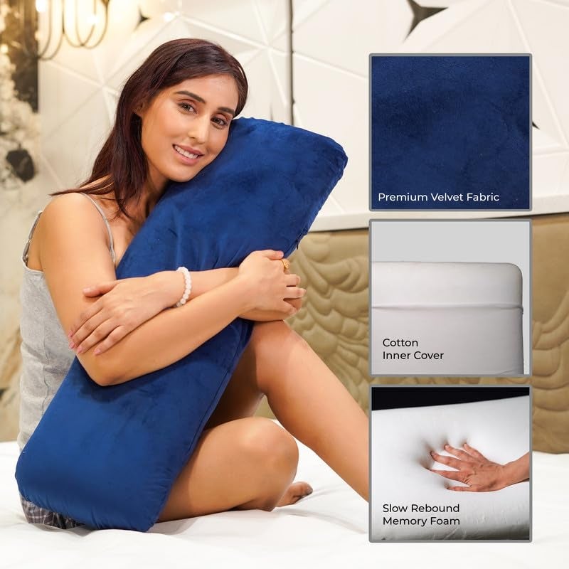 RINIPO Half Body Soft Memory Foam Pillow for Pregnancy & Cuddling - Hug Pillow for Side Sleepers, Eases Pressure Points, Promotes Relaxation & Better Sleep, Velvet Blue, 30x10x5 Inches, Washable Cover - Image 4