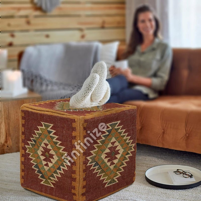 iinfinize Kilim Ottoman for Living Room Turkish Wool Jute Footstool Pouffe Bohemian Woven Pouf Cover for Office Home Decoration Dressing Table Handmade Footrest Muddha Traditional Bean Bag Storage - Image 1