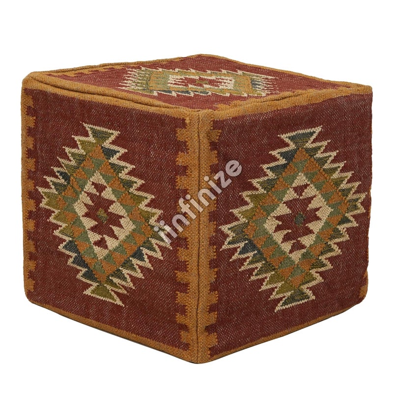 iinfinize Kilim Ottoman for Living Room Turkish Wool Jute Footstool Pouffe Bohemian Woven Pouf Cover for Office Home Decoration Dressing Table Handmade Footrest Muddha Traditional Bean Bag Storage - Image 4