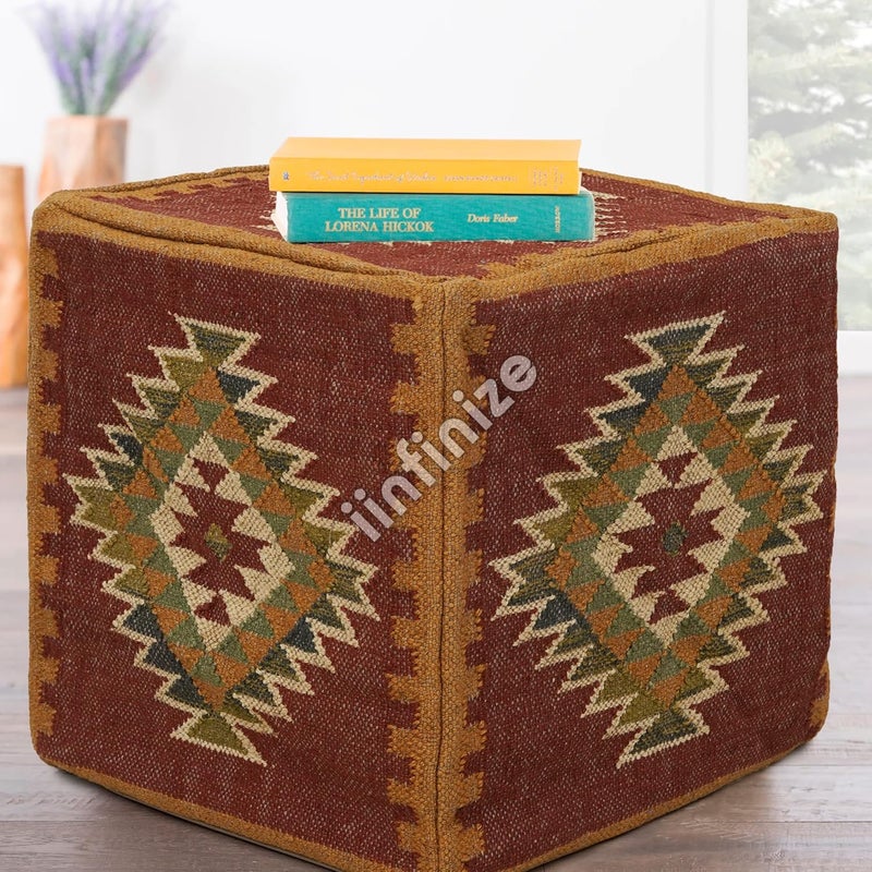 iinfinize Kilim Ottoman for Living Room Turkish Wool Jute Footstool Pouffe Bohemian Woven Pouf Cover for Office Home Decoration Dressing Table Handmade Footrest Muddha Traditional Bean Bag Storage - Image 2