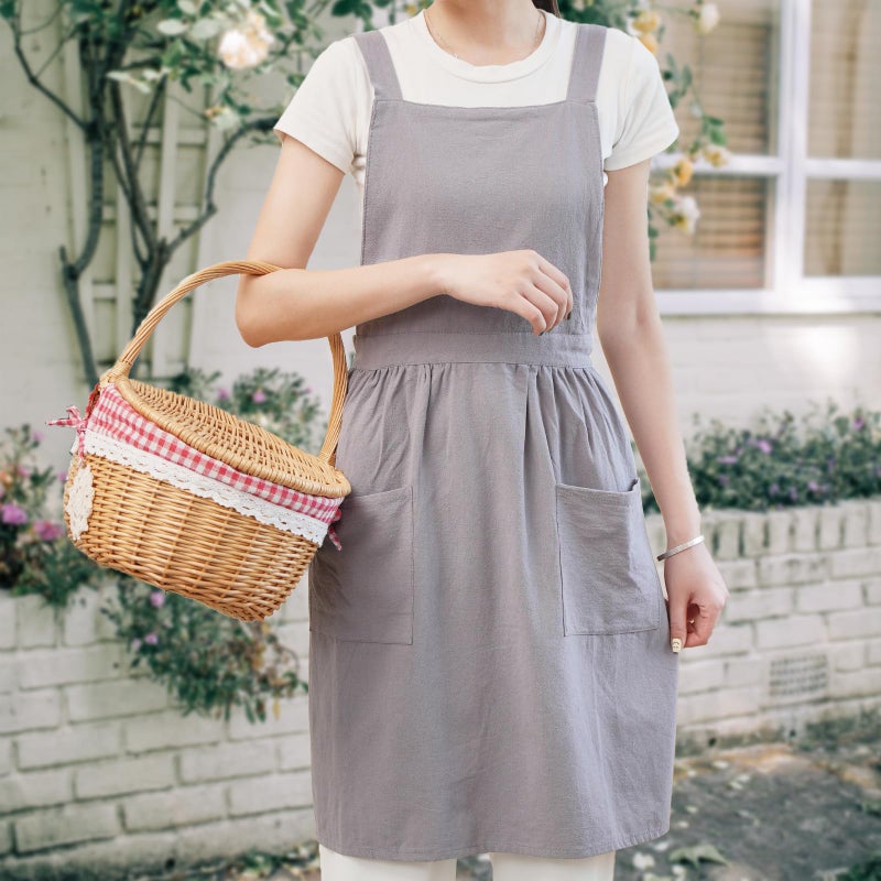 Pinknoke Cotton Linen Pinafore Apron Dress for Women with Pockets Cute Art Chef Aprons for Kitchen Baking Gardening Painting (Gray) - Image 2