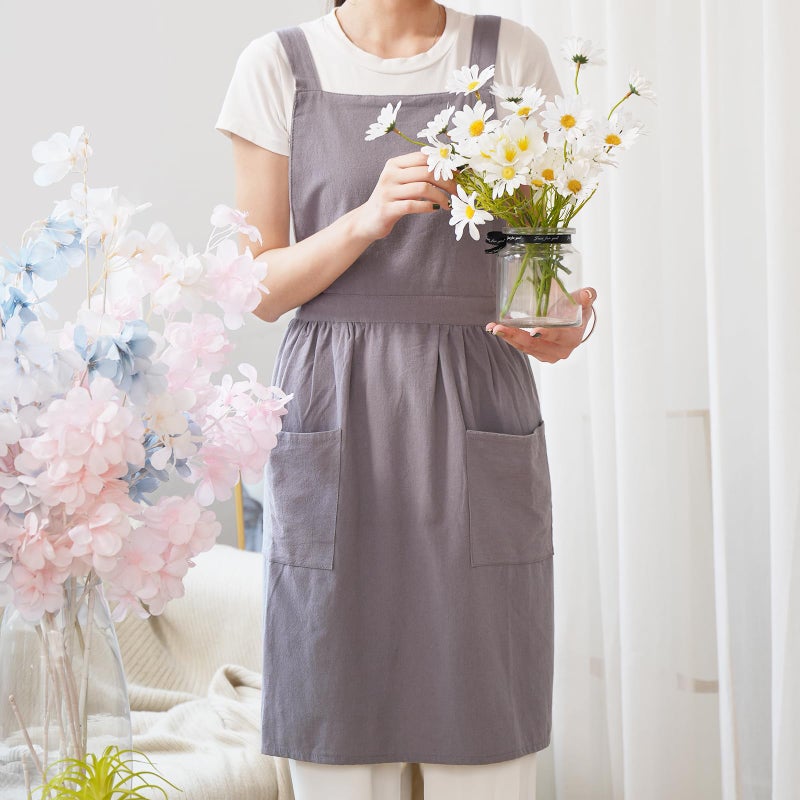 Pinknoke Cotton Linen Pinafore Apron Dress for Women with Pockets Cute Art Chef Aprons for Kitchen Baking Gardening Painting (Gray) - Image 3