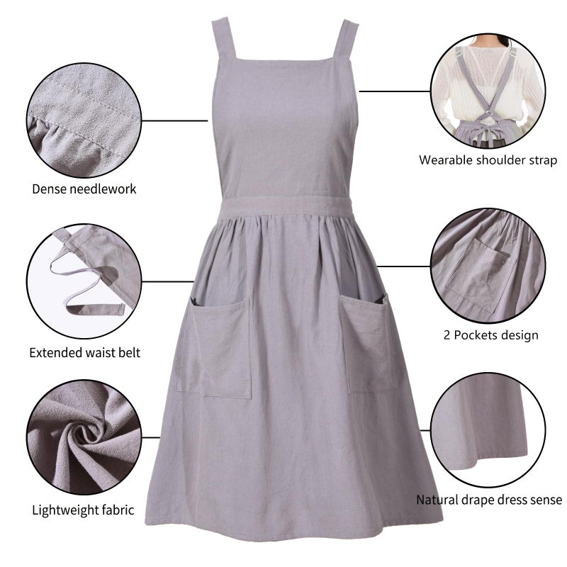 Pinknoke Cotton Linen Pinafore Apron Dress for Women with Pockets Cute Art Chef Aprons for Kitchen Baking Gardening Painting (Gray) - Image 5