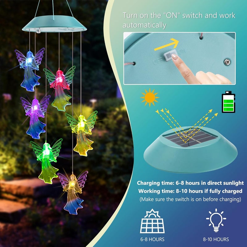 أجراس الرياح الشمسية من Toodour، زينة متحركة LED على شكل ملاك متغير الألوان، أضواء أجراس الرياح الخارجية المقاومة للماء للحديقة، الفناء، النافذة، الشرفة - Image 4