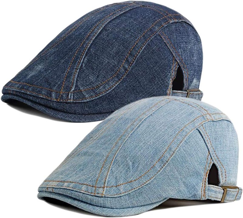Qunson 2 Pack Mens Denim Cotton Newsboy Cap Ivy Gatsby Driving Hunting Cabbie Hats - Image 1