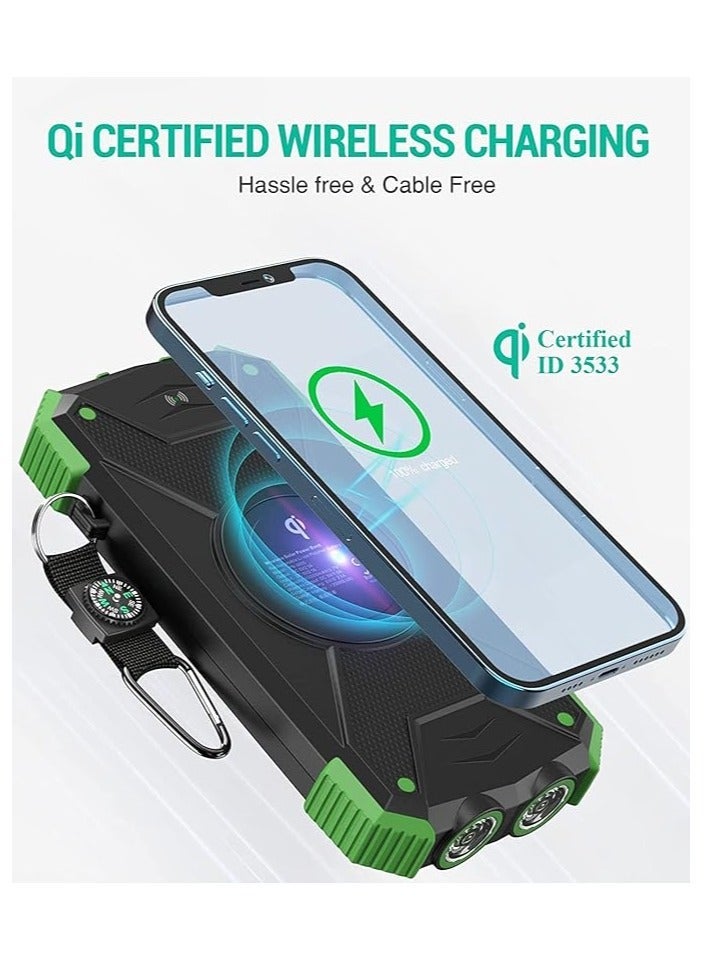Raxoom DOLTRI-Solar Power Bank, Qi Wireless Portable Charger 10000mAh, External Battery Pack with Type C Input/Output, Solar Panel with Dual LED Flashlight, Compass (Green) - Image 1