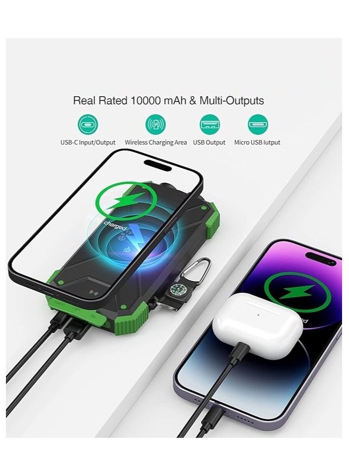 Raxoom DOLTRI-Solar Power Bank, Qi Wireless Portable Charger 10000mAh, External Battery Pack with Type C Input/Output, Solar Panel with Dual LED Flashlight, Compass (Green) - Image 2