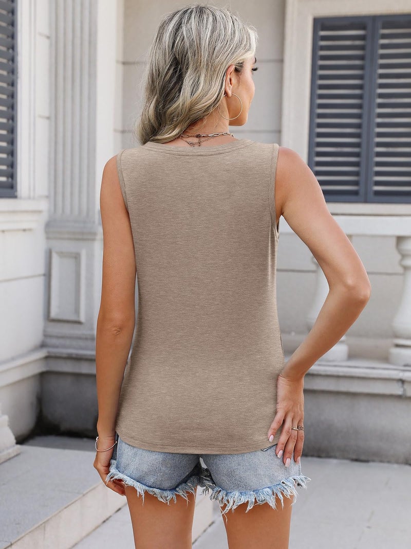 PGANDS Womens V Neck Tank Tops Loose Fit Sleeveless Shirts Button Down Casual Flowy Tops Basic Summer Clothing Khaki Medium - Image 4
