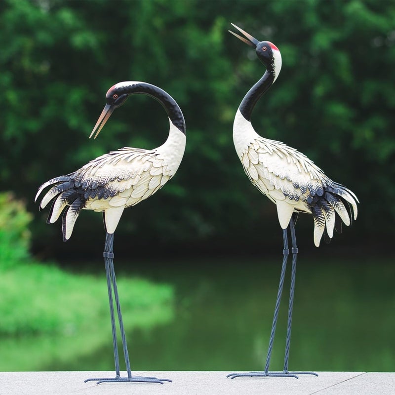 chisheen Garden Crane Statues Outdoor Heron Red Crowned Crane Metal Yard Art SculptureSet of 2