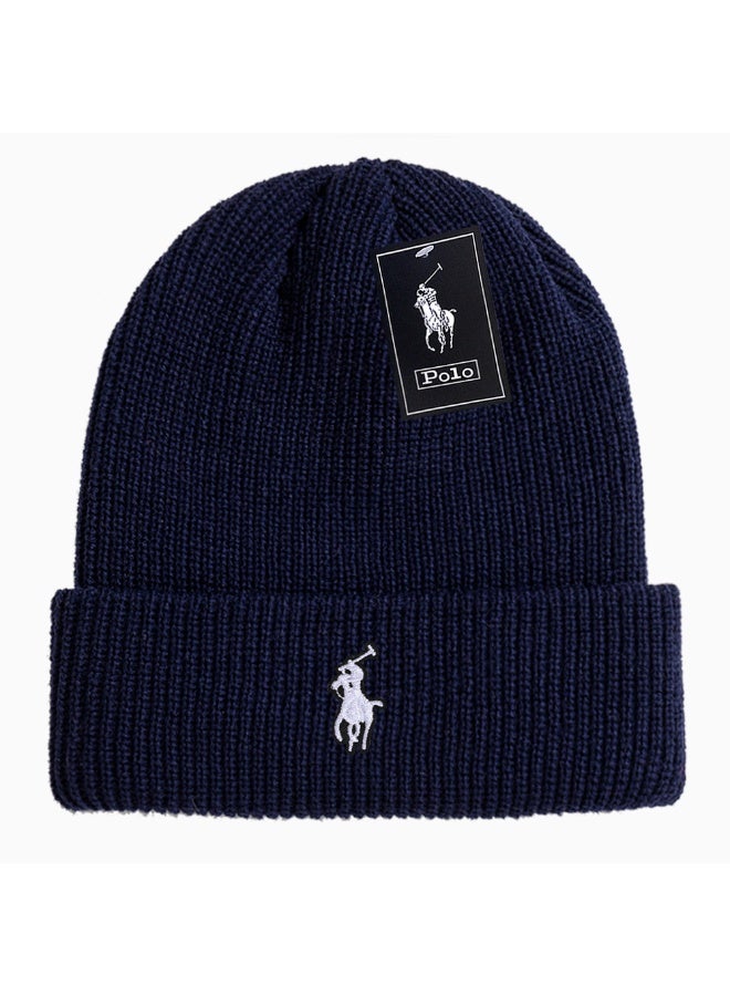 قبعة بوني لوجو مطرزة من بولو رالف لورين بلون أزرق بحري مع حافة محبوكة