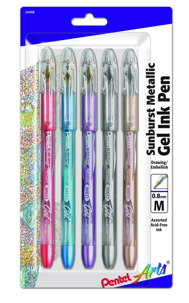 Pentel Arts Sunburst Metallic Gel Pen, Medium Line, Permanent, 5 Pack, Assorted Ink (K908MBP5) - Image 1