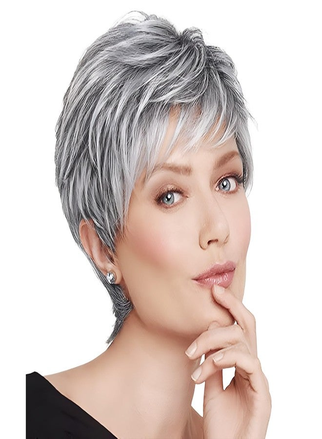 BECUS Short Gray Wigs with Bangs Sliver Gray Wigs Pixie Cut Layered for Women Synthetic with Free Wig Cap(Grey Mix Black) - Image 1