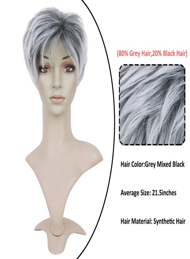 BECUS Short Gray Wigs with Bangs Sliver Gray Wigs Pixie Cut Layered for Women Synthetic with Free Wig Cap(Grey Mix Black) - Image 2