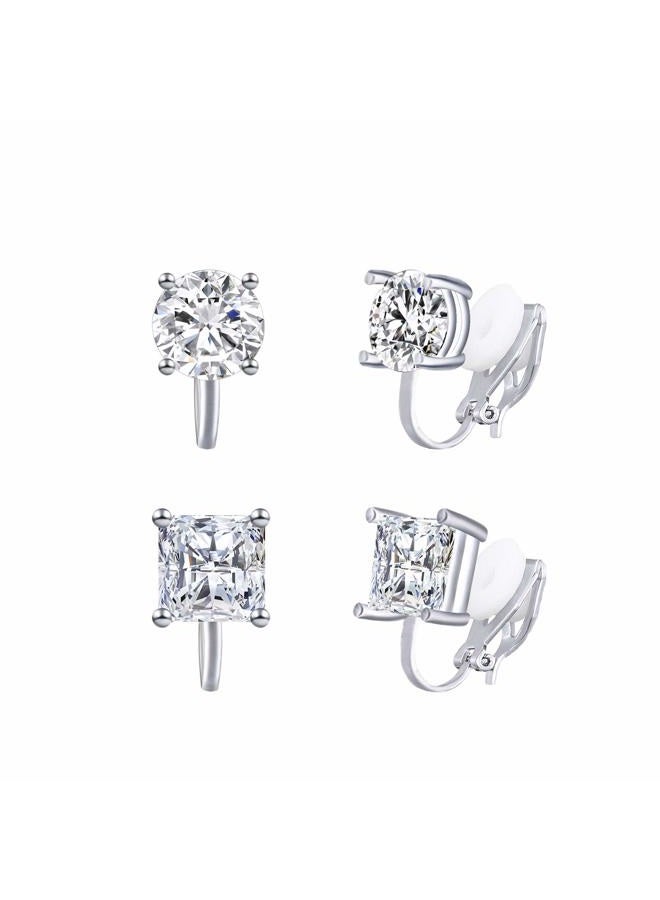 YOQUCOL 2 Pairs Clip On Earrings 8MM Cubic Zirconia Crystal Non Pierced Clip On Stud Earrings For Women - Image 1