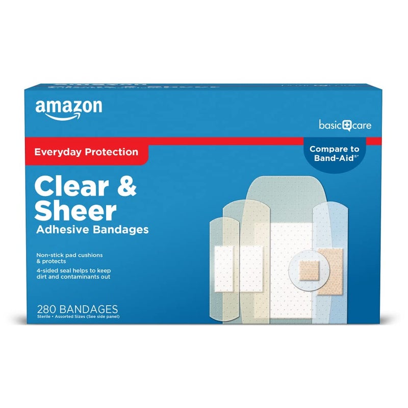 Basic Care Variety Pack Sheer and Clear Adhesive Bandages Family Variety Pack First Aid and Wound Care Supplies Assorted Sizes 280 Count