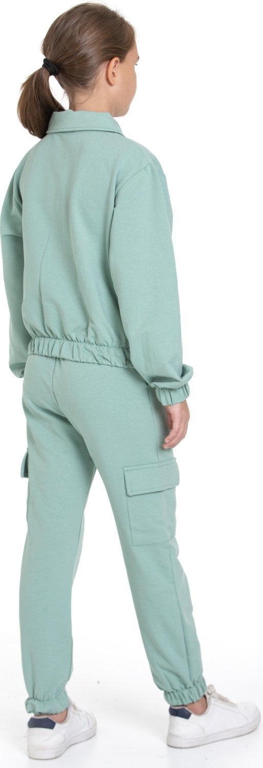 Zepkids Polo Collar Long Sleeve Cargo Pocket Elastic Leg Cagla Green Color Girls Tracksuit Set  - Image 5