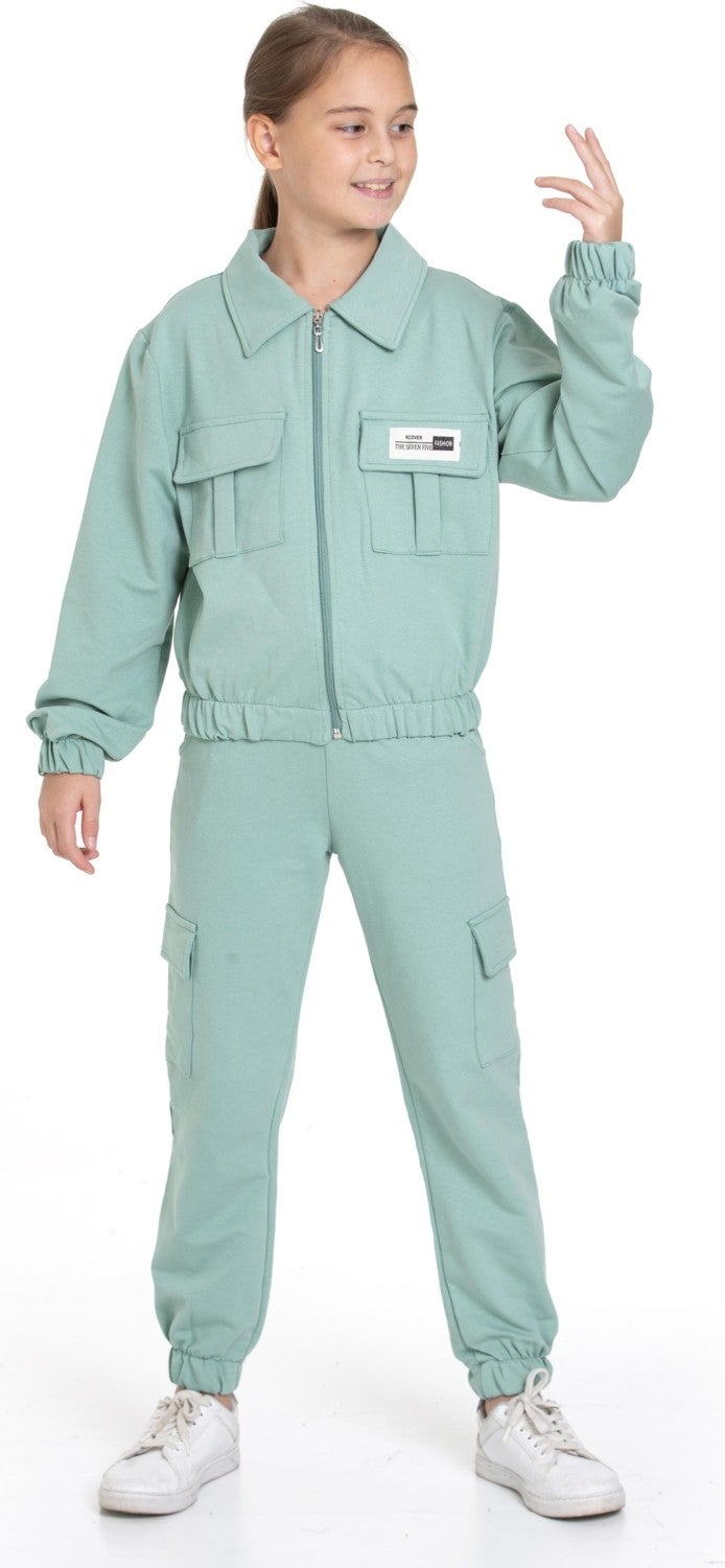 Zepkids Polo Collar Long Sleeve Cargo Pocket Elastic Leg Cagla Green Color Girls Tracksuit Set  - Image 3