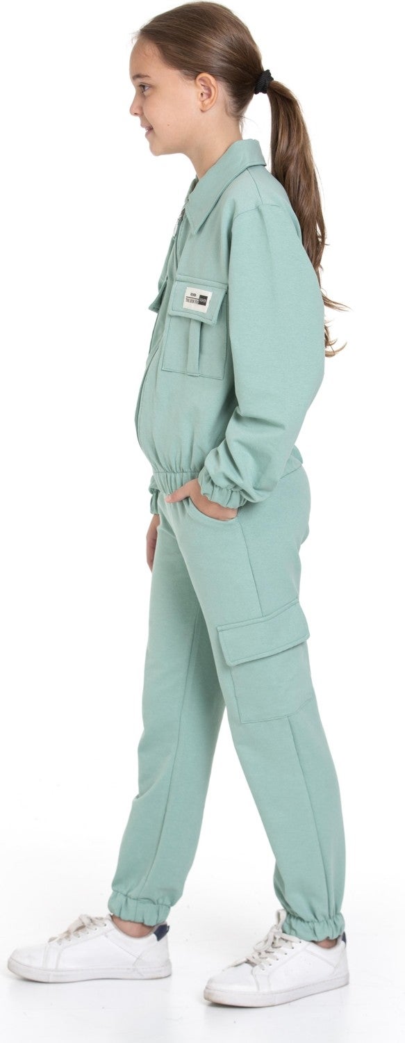 Zepkids Polo Collar Long Sleeve Cargo Pocket Elastic Leg Cagla Green Color Girls Tracksuit Set  - Image 4