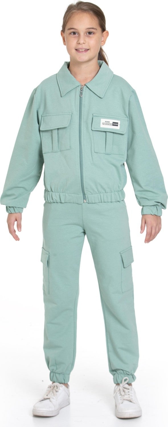 Zepkids Polo Collar Long Sleeve Cargo Pocket Elastic Leg Cagla Green Color Girls Tracksuit Set  - Image 1