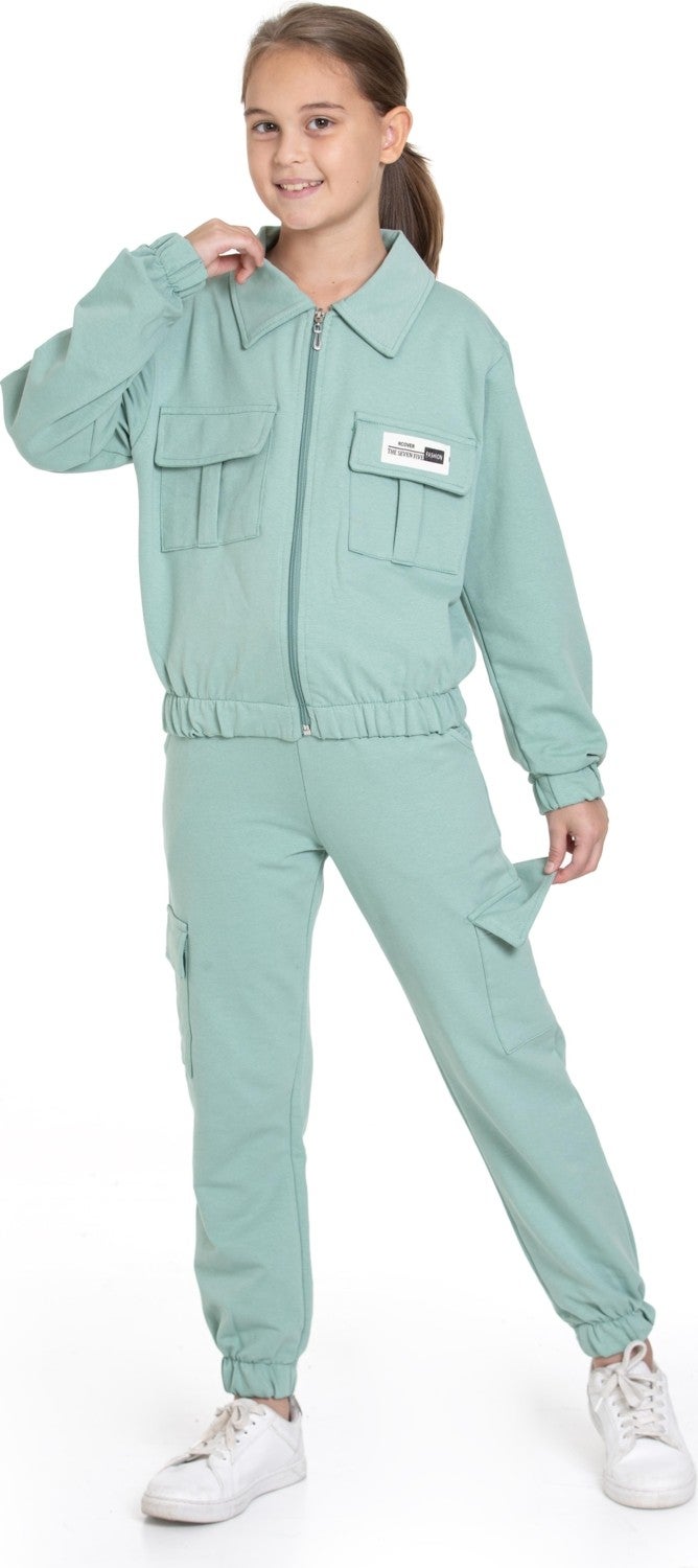 Zepkids Polo Collar Long Sleeve Cargo Pocket Elastic Leg Cagla Green Color Girls Tracksuit Set  - Image 2
