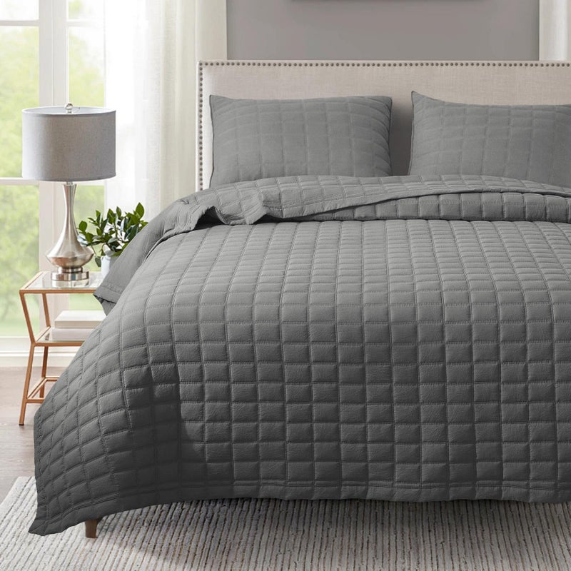 KASENTEX QuiltBeddingCoverletBlanketSet Machine Washable Ultra Soft Lightweight StoneWashed Detailed Stitching  Solid Color Dark Grey Oversized Queen  2 Shams