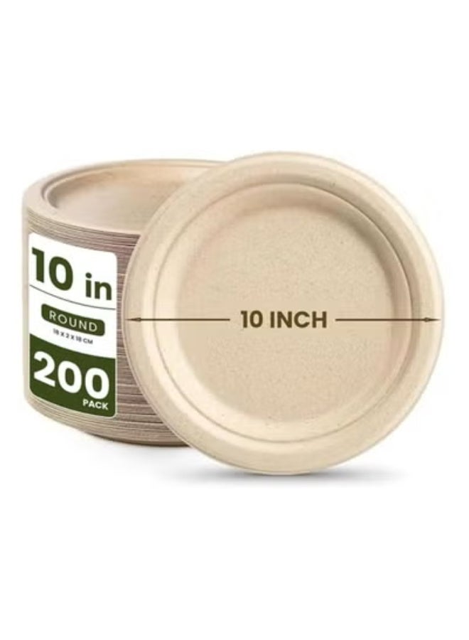 ecoway 10-Inch 100% Compostable Disposable Round Bagasse Paper Plates - Biodegradable Sugarcane Fiber - Strong Heavy Duty Rigid Design - Sustainable & Food-Grade - Natural Brown Color, Pack of 200 - Image 1