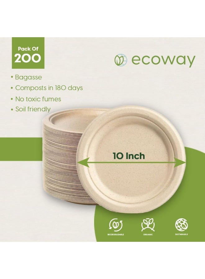ecoway 10-Inch 100% Compostable Disposable Round Bagasse Paper Plates - Biodegradable Sugarcane Fiber - Strong Heavy Duty Rigid Design - Sustainable & Food-Grade - Natural Brown Color, Pack of 200 - Image 5
