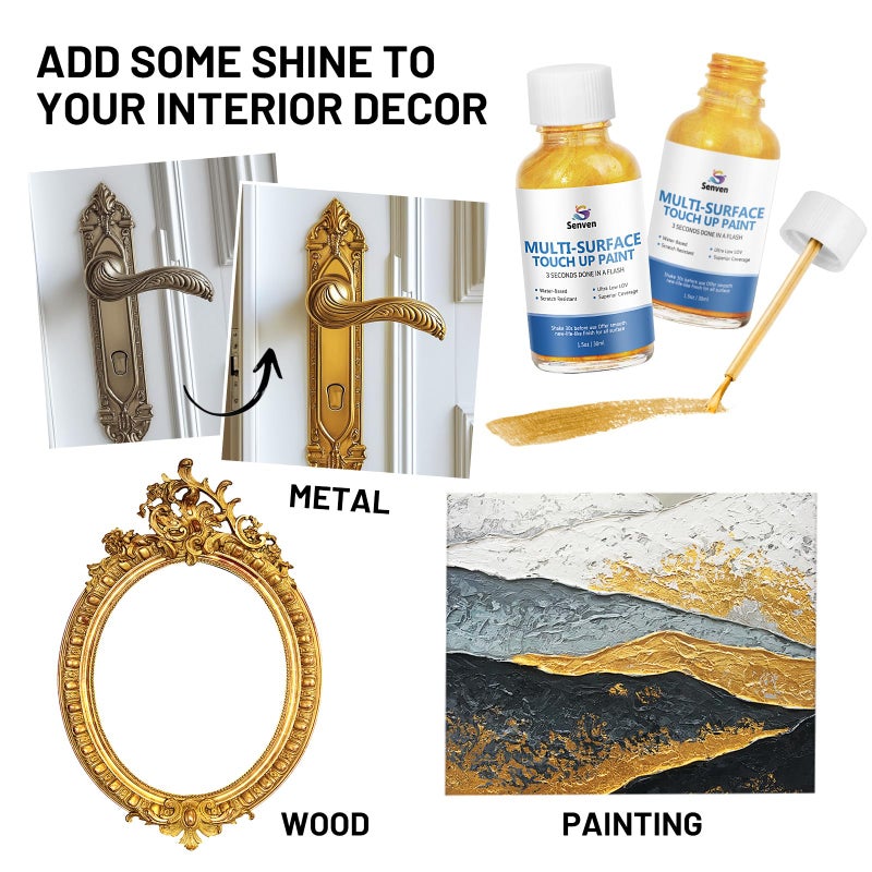 SENVEN Liquid Gold Leaf Paint High Gloss Multi Surface Rich Gold Paint for Metal, Wood, Plastic, Canvas, Appliance, Furniture Scratch Repair & Art Handcrafts 30ml/1.5oz Fast Drying Acrylic Metallic Finish - Image 3