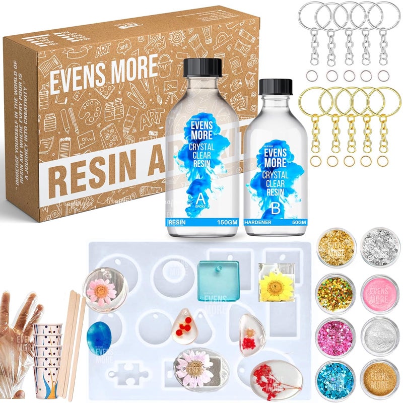 EVENS MORE DIY Resin jewellary Pendant Keychain Making Kit 200g Crystal Clear Resin Set with Molds Glitter Foil Flakes Accessories for Earrings Pendants Keychains