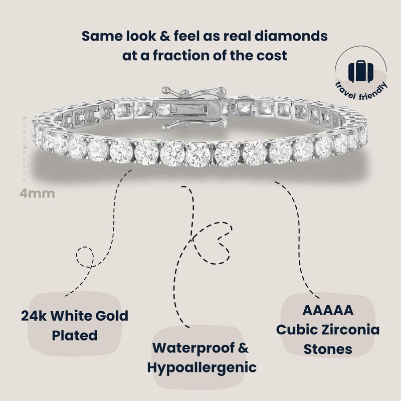 KISPER Tennis Bracelet for Women - 24K White Gold Plated Round Cut AAAAA CZ, 4mm Width, Elegant Jewelry Gift, 7 Inches - Image 3
