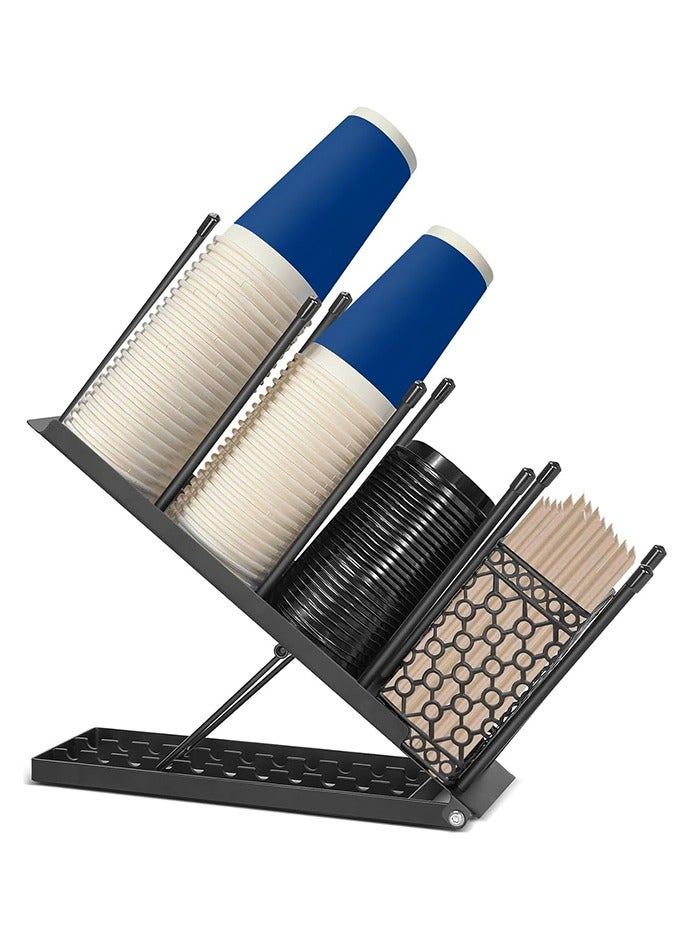 Cup and Lid Holder - Adjustable Coffee Cup Holder Organizer 4 Compartment Disposable Cup Dispenser with Mesh Basket for Coffee Pod Straw Storage Metal (Black) - Image 1