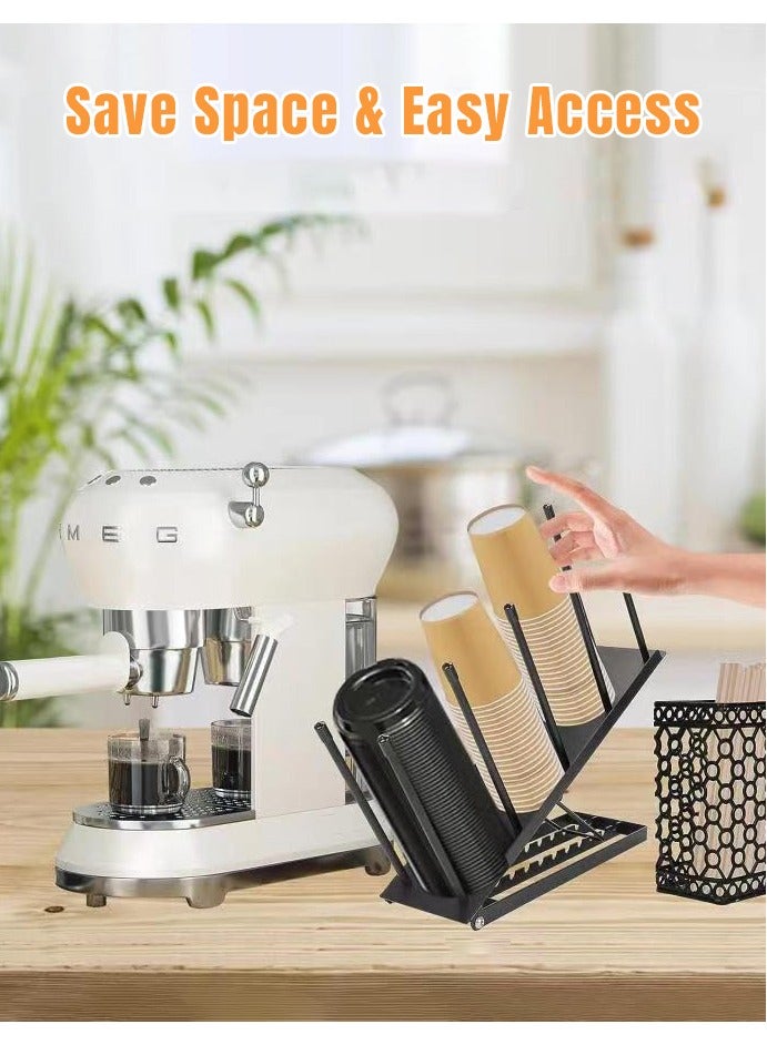 Cup and Lid Holder - Adjustable Coffee Cup Holder Organizer 4 Compartment Disposable Cup Dispenser with Mesh Basket for Coffee Pod Straw Storage Metal (Black) - Image 3